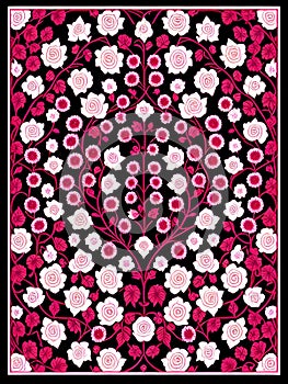 Vector illustration of a red and white floral pattern on a black pattern.