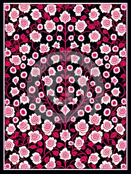 Vector illustration of a red and white floral pattern on a black pattern.