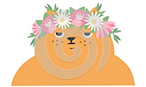 Vector illustration. Redheaded disgruntled cat in a wreath of flowers. Spring illustration