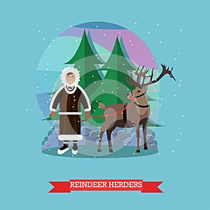 Vector illustration of reindeer herder in flat style