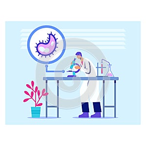 Vector illustration of researcher looks at bacterium under microscope