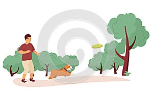 Vector illustration of rest in the city park. Young man playing with dog. Outdoor activities.
