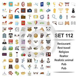 Vector illustration of restaurant, rest, travel, religion, realtor realistic animal pub icon set.