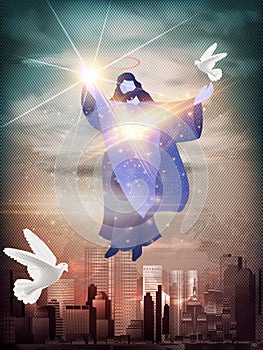 Vector illustration of the Resurrected Jesus Christ on modern city background