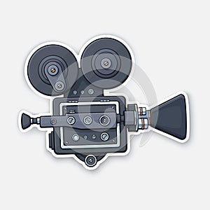 Vector illustration. Retro cinema projector. Vintage film camera. Old fashioned movie camera. Movie industry. Sticker with contour