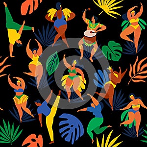Vector illustration in retro flat style carnival girls, women and men young people. Seamless pattern Brazilian samba dancers, capo