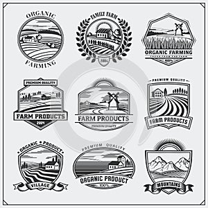 Vector illustration of retro landscapes. Farm fresh food labels, badges, emblems and design elements. Organic and ecology design.