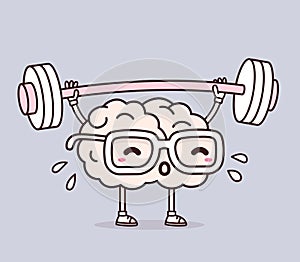 Vector illustration of retro pastel color pink brain with glasses lifting weights on gray background. Exercising cartoon brain co