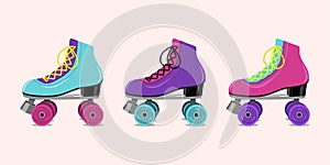 Vector illustration with retro roller skates on pink  background photo