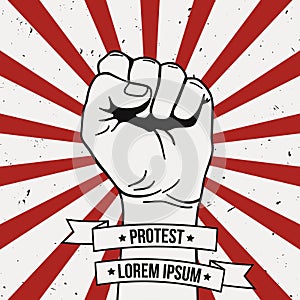 Vector illustration in retro style of clenched fist held high in protest