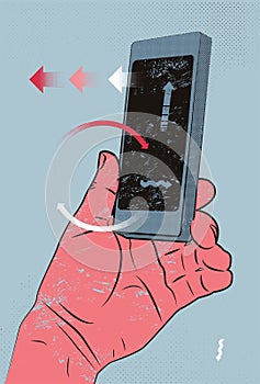 Vector illustration in retro style with hand holding smart phone, touching screen.