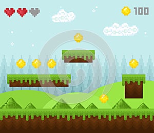 Vector illustration of retro style pixel game landscape, pixelated game scenery icons, old game background, pixel design