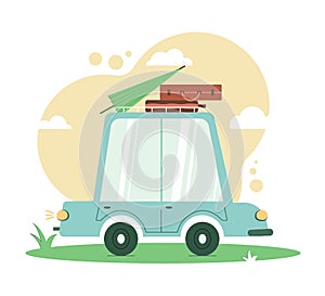 Vector illustration of retro stylized blue car with suitcases and Beach umbrella. Summer trip concept.