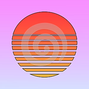 Vector illustration of retro sun in 80`s style. Retrowave, synthwave futuristic background with sunset. Trendy design for sci-fi,