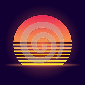 Vector illustration of retro sun in 80s style. Futuristic background with sunset. Trendy design for sci-fi, cyber