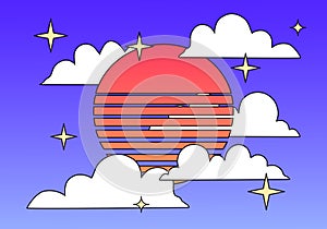 Vector illustration of retro sun, clouds, stars in 80`s style. Retrowave, synthwave futuristic background with sunset. Trendy