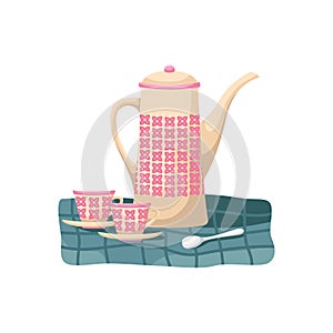 Vector illustration of a retro tea set. A teapot and two tea pairs on the blue tablecloth
