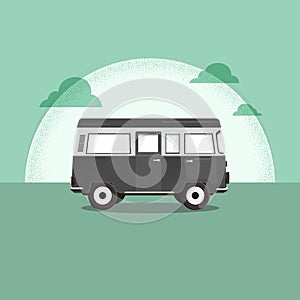 Vector illustration - Retro travel red van. Moon. Surfer van. Vintage travel car. Old classic camper minivan. Retro hippie bus.