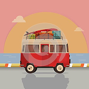 Vector illustration - Retro travel red van. sea. Surfer van. Vintage travel car. Old classic camper minivan. Retro hippie bus.