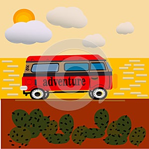 Vector illustration of a retro van with sunset background