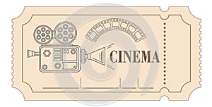 Vector illustration. Retro vintage movie ticket in red, white, black