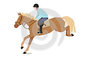 Vector illustration of a rider sitting on a running and jumping horse, isolated on a white background.
