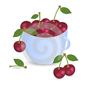 Vector illustration of ripe cherries in a blue cup on a white background.