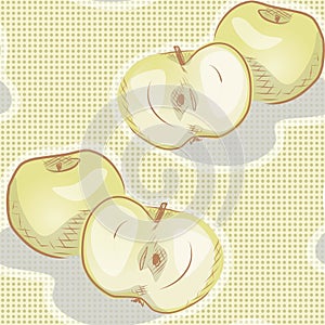 Vector illustration of ripe green apple and half. Hand drawn sketh. Seamless pattern