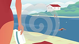 Vector illustration of a river beach with people swiming, sunbathing and having fun. Recreation center building on the shore of