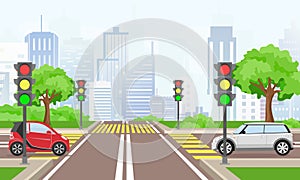 Vector illustration of road cross with cars in the big modern city. Street with traffic lights in flat style.