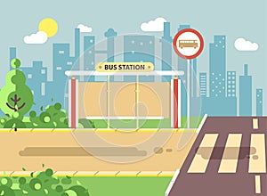 Vector illustration of roadside cartoon landscape with roadway, road, sidewalk and empty bus stop for school in flat