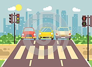 Vector illustration of roadside cartoon landscape with roadway, road, sidewalk and empty pedestrian zone with cars