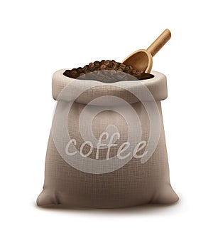 Vector illustration of roasted coffee beans in burlap sack or bag with wooden scoop isolated on background