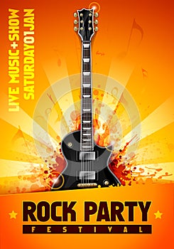 Vector illustration rock concert party flyer or poster design template with guitar