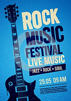 Vector illustration rock festival concert event flyer or poster design with guitar and vintage effects