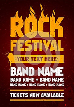 Vector illustration rock festival party flyer design template with text and flames