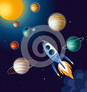 Vector illustration of rocket flying above clouds in space and between planets, spaceship on dark blue background in