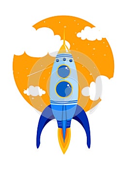 Vector illustration of Rocket quick flies in sky between clouds. Start up business concept in flat style.