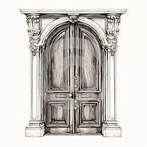 Exquisite Craftsmanship: Vintage Double Door With Frame Arch And Columns