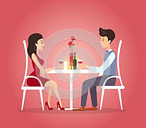 Vector illustration with romantic dinner of couple. Dating concept. Valentines day celebration of beautiful woman and