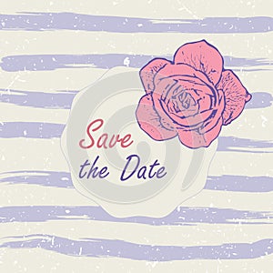 Vector illustration romantic template with pink rose, lilac watercolor sripes. Save the date, bridal shower, birthday