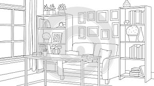 Vector illustration, room with bookshelves, sofa and desk, coloring book