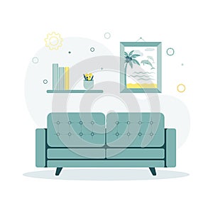 Vector illustration of the room in which the sofa stands, behind it on the wall is a shelf with books, a flower pot with a