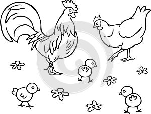 Vector illustration of rooster, brood hen, chicks and abstract blooming flowers on meadow