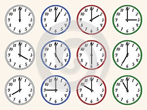 Vector illustration of a round analog clock with handwritten numbers.