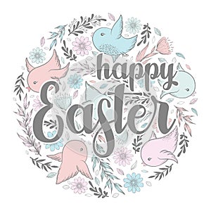 Vector illustration with round frame from hand drawn cute birds, flowers, leaves, branches and lettering Happy Easter isolated on