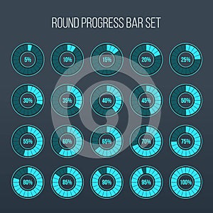 Vector illustration of round progress bar. Circle indicators status. Loading and buffering percentage icon set. Circular interval