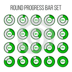 Vector illustration of round progress bar. Circle indicators status. Loading and buffering percentage icon set. Circular interval
