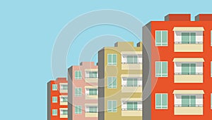 Vector illustration of row of modern multicolored multistory high-rise residential apartment building houses