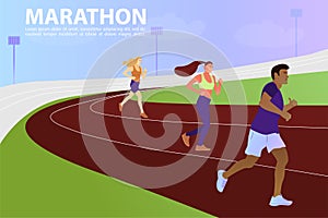 Vector illustration with running peoples. Group of marathon runners on treadmills.